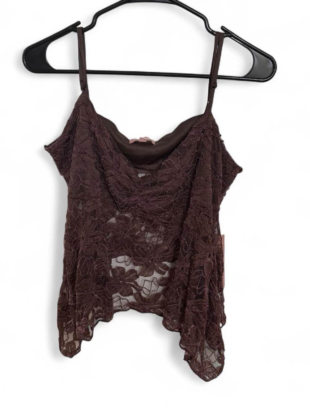 Y2K Brown Sheer Lace Floral Cami Tank Top Flowy Adjustable Straps Women’s XL